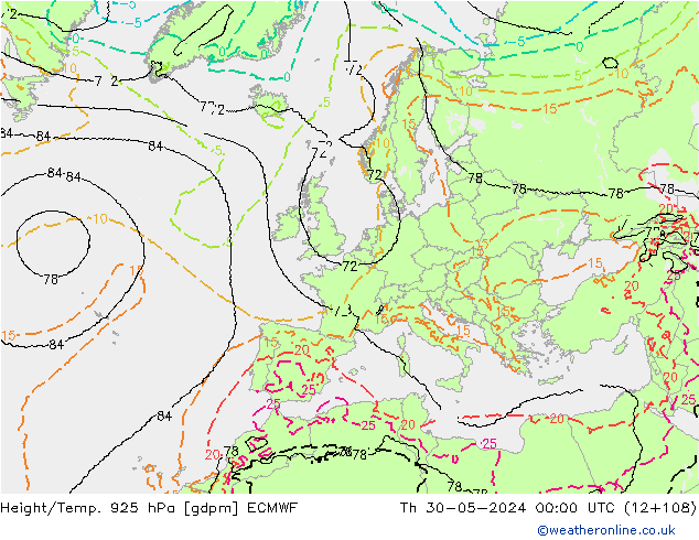 Height/Temp. 925 hPa ECMWF gio 30.05.2024 00 UTC