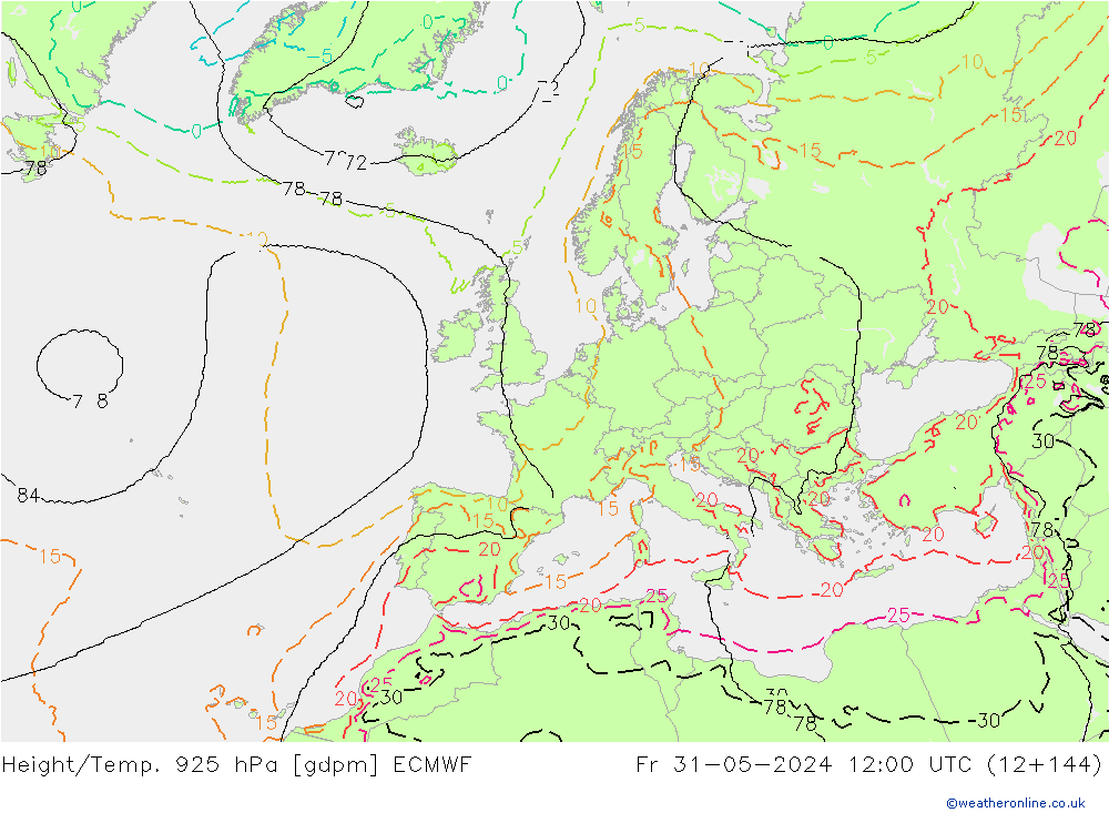Height/Temp. 925 hPa ECMWF Pá 31.05.2024 12 UTC