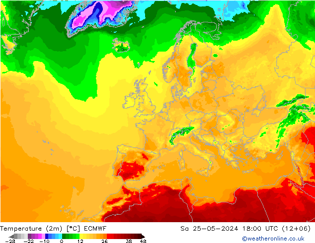 Temperature (2m) ECMWF Sa 25.05.2024 18 UTC