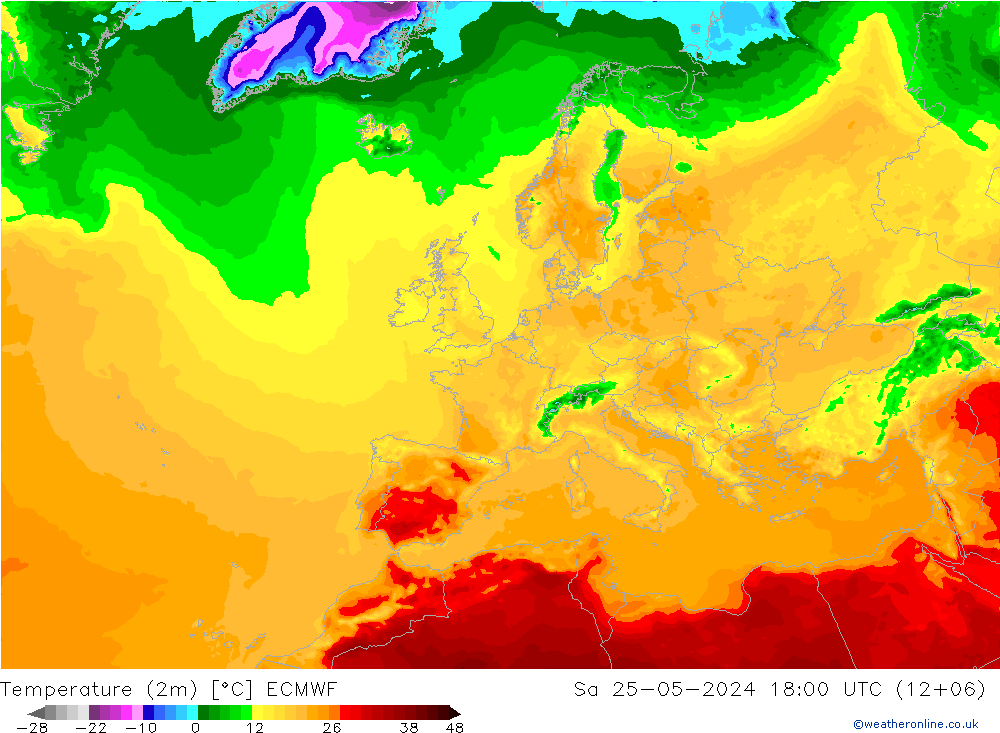 Temperatuurkaart (2m) ECMWF za 25.05.2024 18 UTC