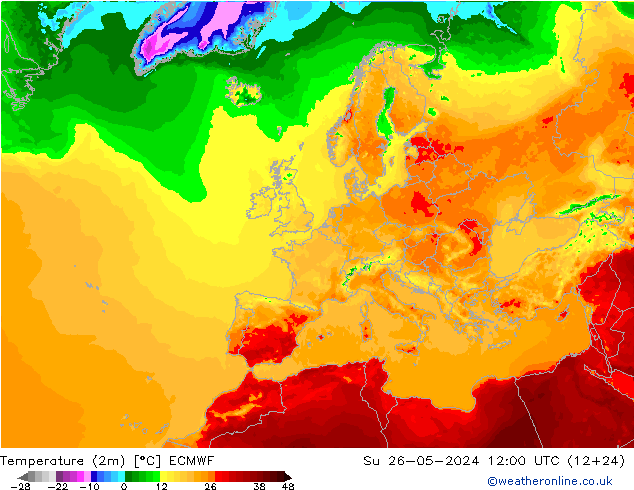 mapa temperatury (2m) ECMWF nie. 26.05.2024 12 UTC