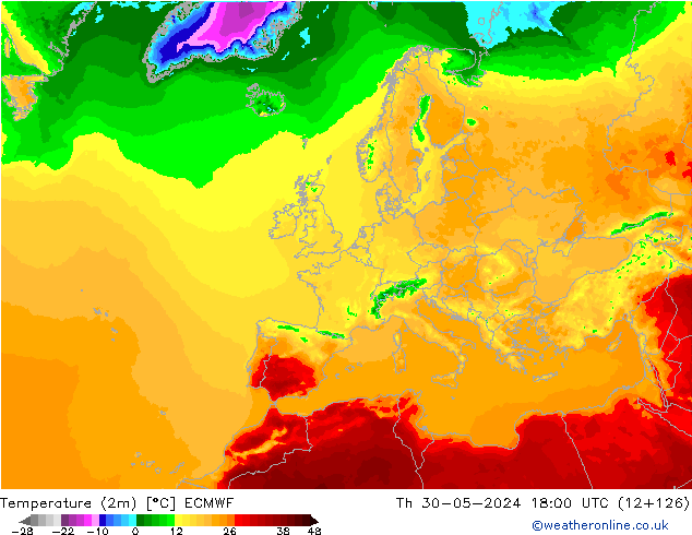 Temperatuurkaart (2m) ECMWF do 30.05.2024 18 UTC