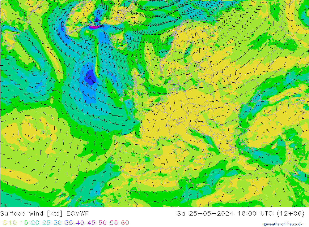 Surface wind ECMWF Sa 25.05.2024 18 UTC