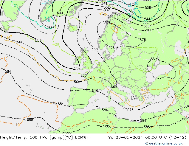 Hoogte/Temp. 500 hPa ECMWF zo 26.05.2024 00 UTC