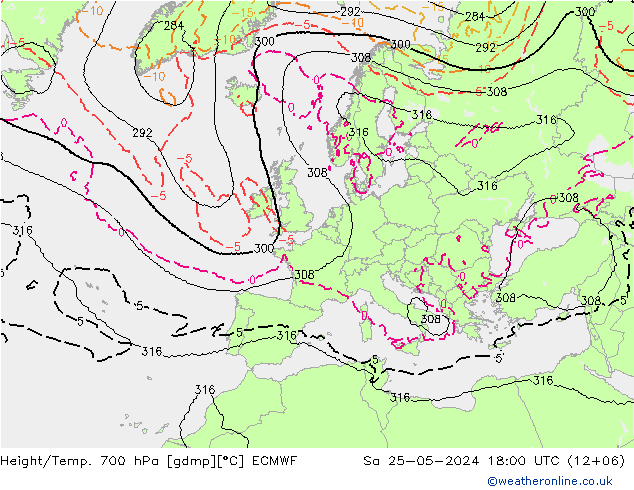 Geop./Temp. 700 hPa ECMWF sáb 25.05.2024 18 UTC