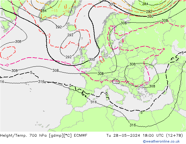 Height/Temp. 700 гПа ECMWF вт 28.05.2024 18 UTC