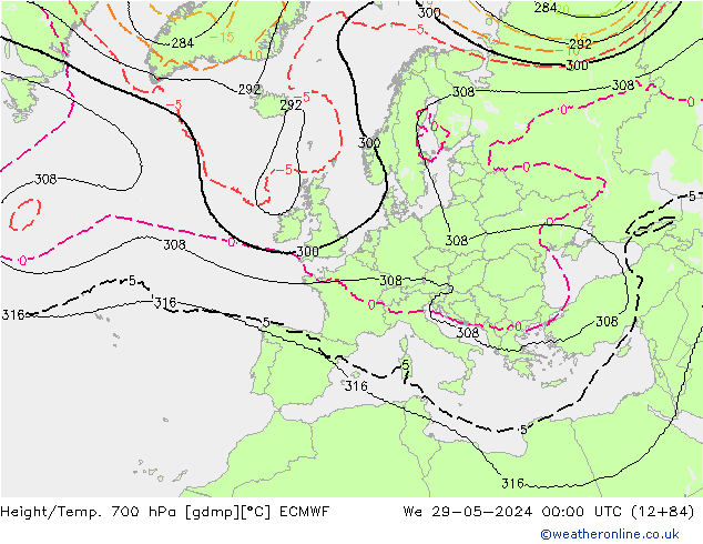 Height/Temp. 700 hPa ECMWF śro. 29.05.2024 00 UTC