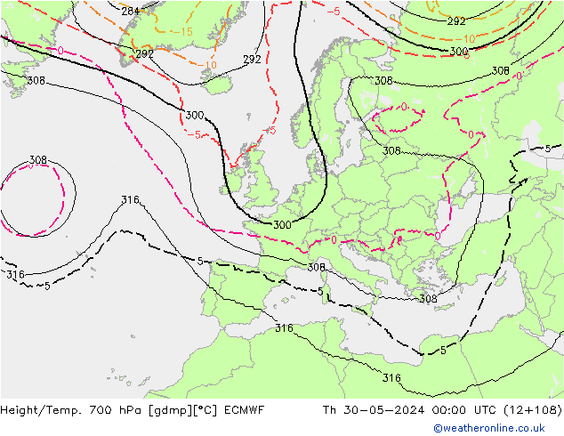 Height/Temp. 700 hPa ECMWF Th 30.05.2024 00 UTC