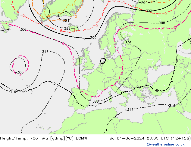 Height/Temp. 700 hPa ECMWF Sa 01.06.2024 00 UTC