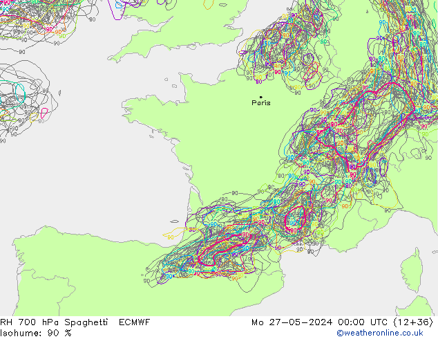 RH 700 hPa Spaghetti ECMWF  27.05.2024 00 UTC