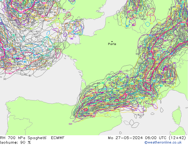 RH 700 hPa Spaghetti ECMWF lun 27.05.2024 06 UTC