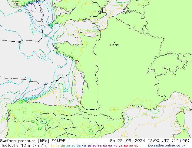 Izotacha (km/godz) ECMWF so. 25.05.2024 18 UTC
