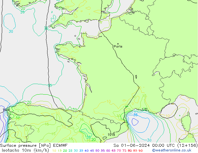 Isotachs (kph) ECMWF Sa 01.06.2024 00 UTC