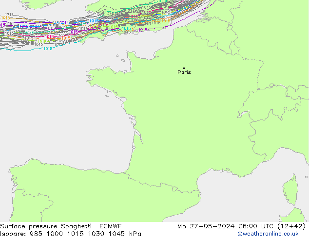 Luchtdruk op zeeniveau Spaghetti ECMWF ma 27.05.2024 06 UTC