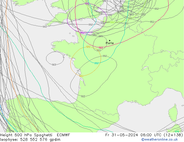 Hoogte 500 hPa Spaghetti ECMWF vr 31.05.2024 06 UTC