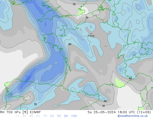 RH 700 гПа ECMWF сб 25.05.2024 18 UTC
