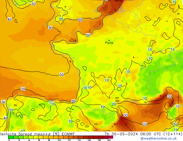 Isotachs Spread ECMWF Čt 30.05.2024 06 UTC