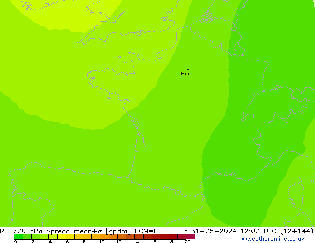 RH 700 hPa Spread ECMWF Pá 31.05.2024 12 UTC