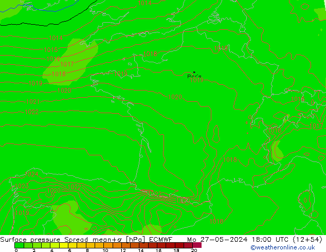 Surface pressure Spread ECMWF Mo 27.05.2024 18 UTC