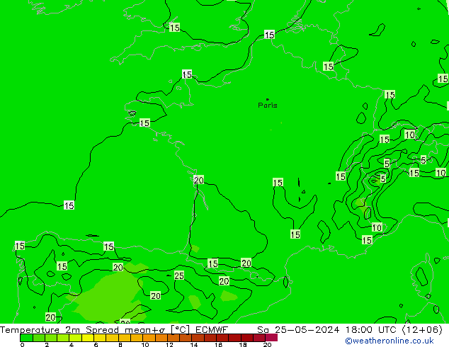 карта температуры Spread ECMWF сб 25.05.2024 18 UTC