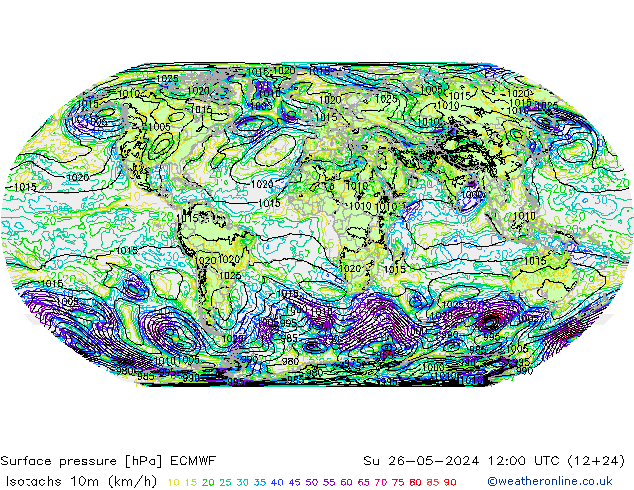 Isotaca (kph) ECMWF dom 26.05.2024 12 UTC