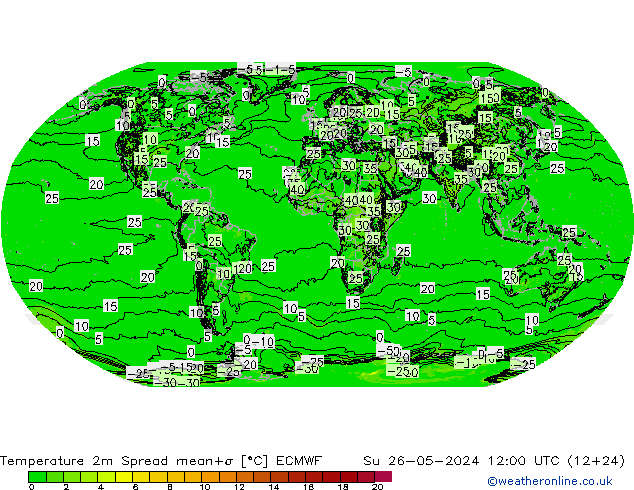 Temperature 2m Spread ECMWF Su 26.05.2024 12 UTC