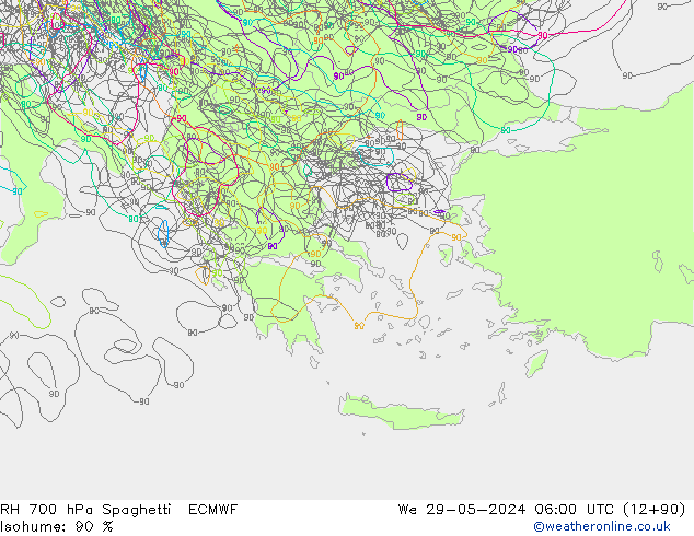 RH 700 hPa Spaghetti ECMWF Mi 29.05.2024 06 UTC