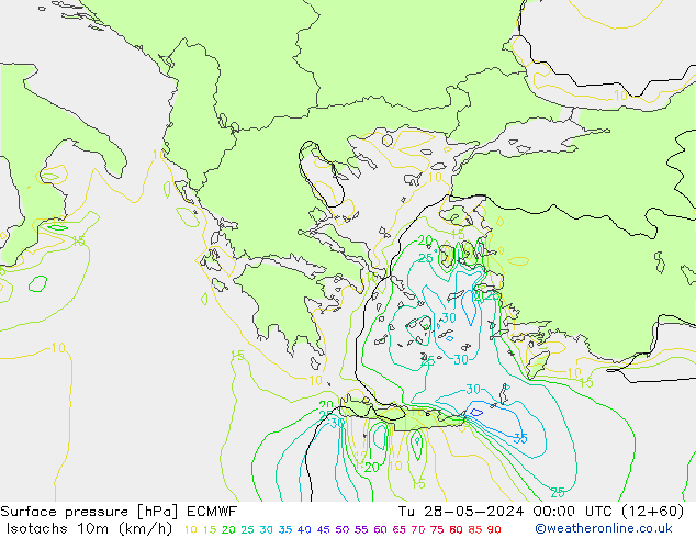 Isotachs (kph) ECMWF Út 28.05.2024 00 UTC