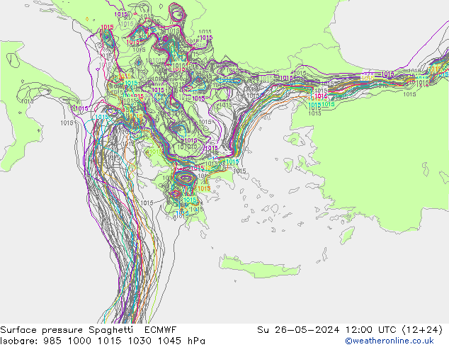 Pressione al suolo Spaghetti ECMWF dom 26.05.2024 12 UTC