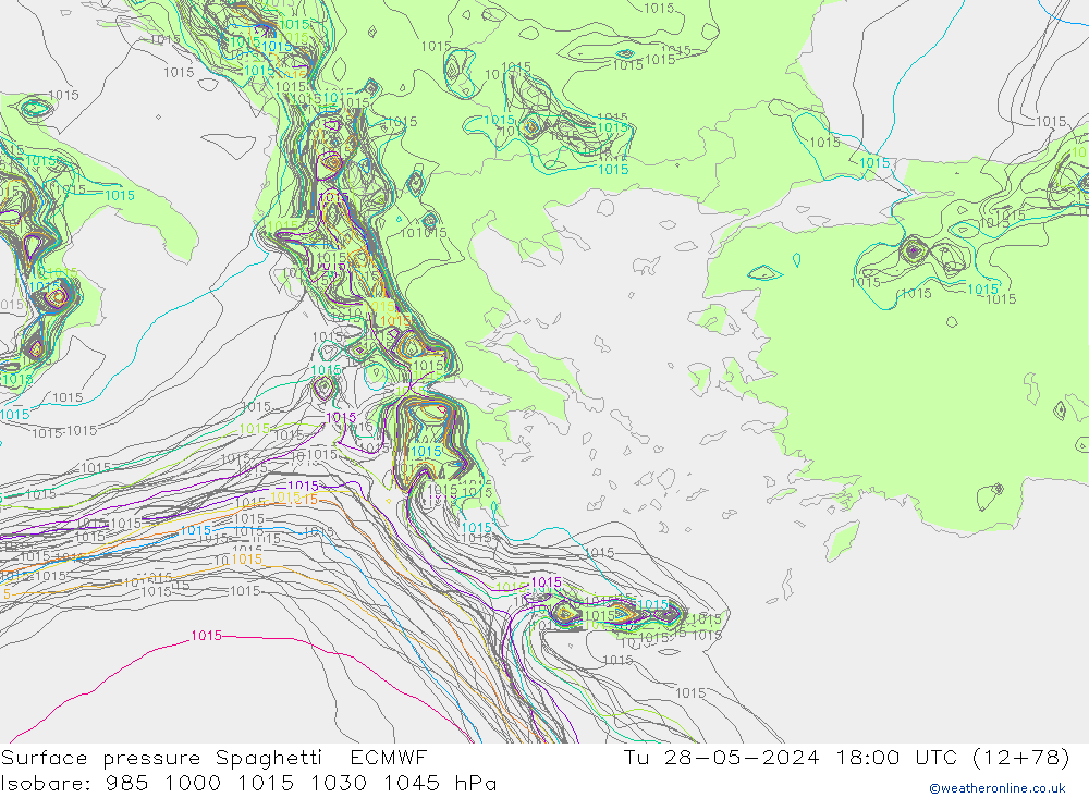 приземное давление Spaghetti ECMWF вт 28.05.2024 18 UTC