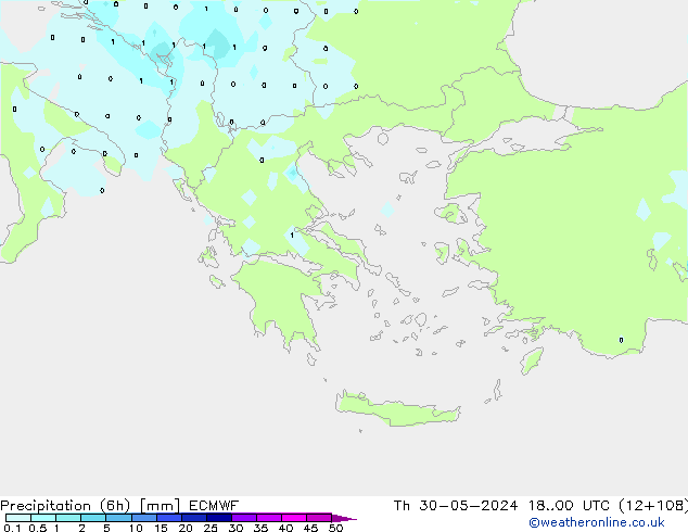 Totale neerslag (6h) ECMWF do 30.05.2024 00 UTC