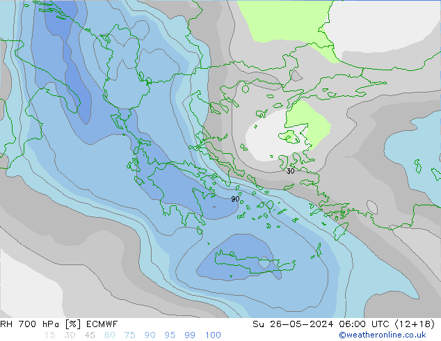 RH 700 hPa ECMWF Su 26.05.2024 06 UTC