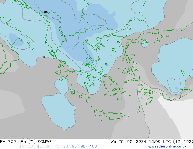 RH 700 hPa ECMWF We 29.05.2024 18 UTC