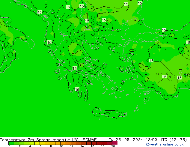 Temperature 2m Spread ECMWF Út 28.05.2024 18 UTC