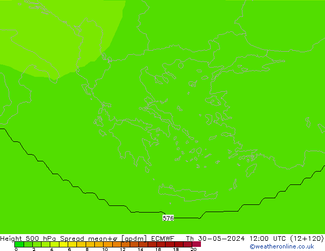 Height 500 hPa Spread ECMWF Čt 30.05.2024 12 UTC