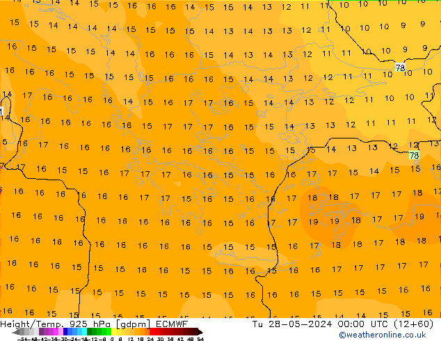 Height/Temp. 925 hPa ECMWF Út 28.05.2024 00 UTC