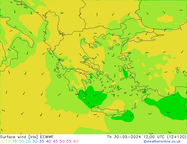 Surface wind ECMWF Čt 30.05.2024 12 UTC