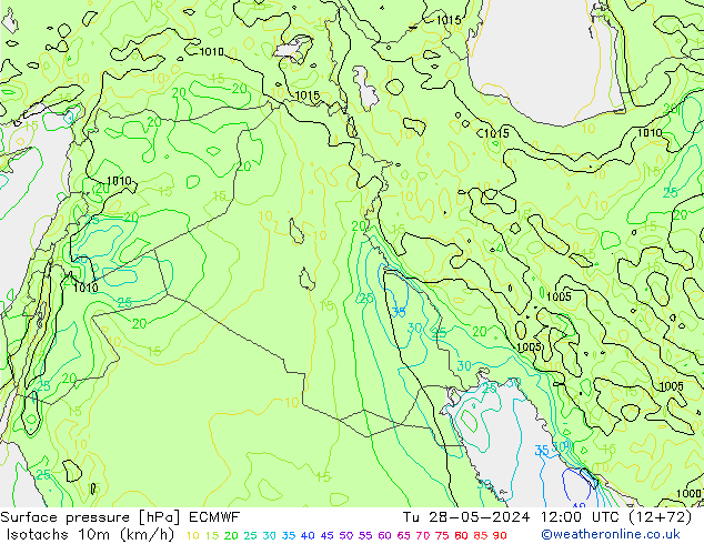 Isotachs (kph) ECMWF Tu 28.05.2024 12 UTC