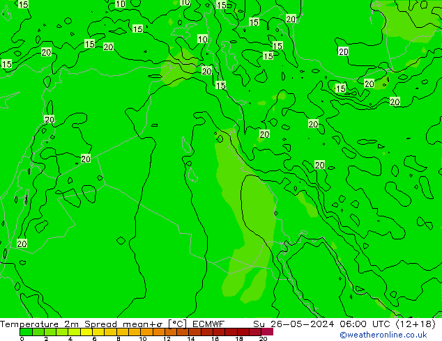 mapa temperatury 2m Spread ECMWF nie. 26.05.2024 06 UTC