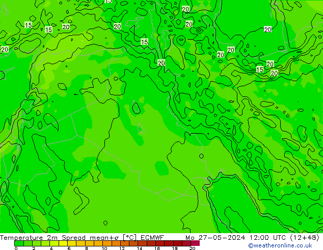 Temperatuurkaart Spread ECMWF ma 27.05.2024 12 UTC