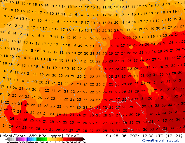 Height/Temp. 850 hPa ECMWF Dom 26.05.2024 12 UTC