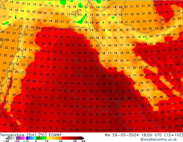 Temperatura (2m) ECMWF mié 29.05.2024 18 UTC