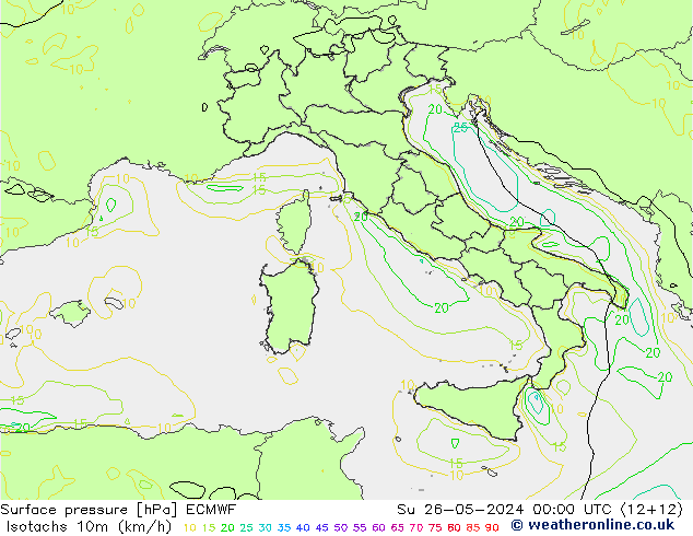 Isotachs (kph) ECMWF Su 26.05.2024 00 UTC