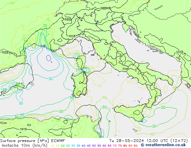 Isotachs (kph) ECMWF mar 28.05.2024 12 UTC