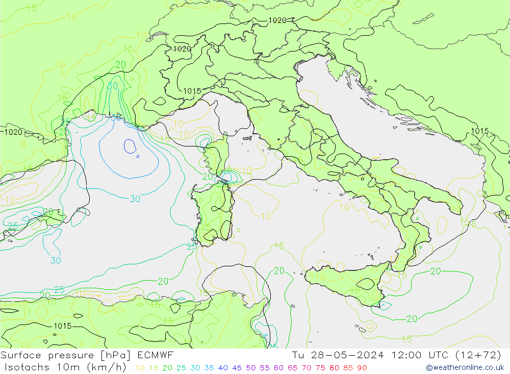 Isotachs (kph) ECMWF вт 28.05.2024 12 UTC