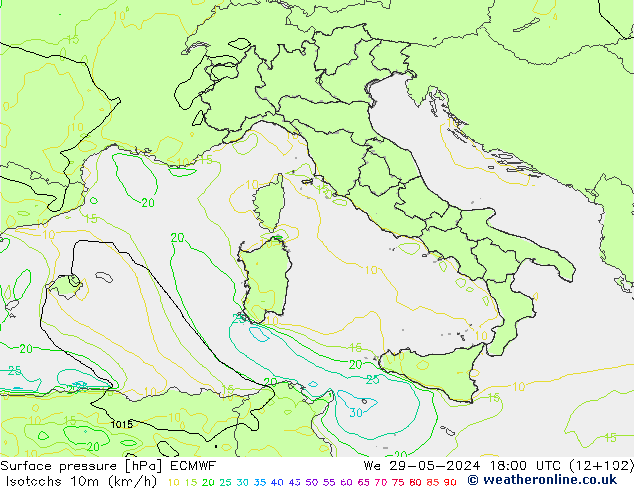 Isotachen (km/h) ECMWF Mi 29.05.2024 18 UTC