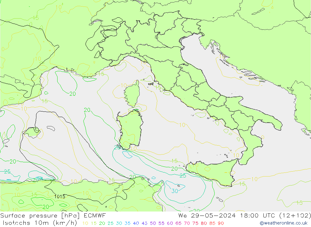 Isotachs (kph) ECMWF We 29.05.2024 18 UTC