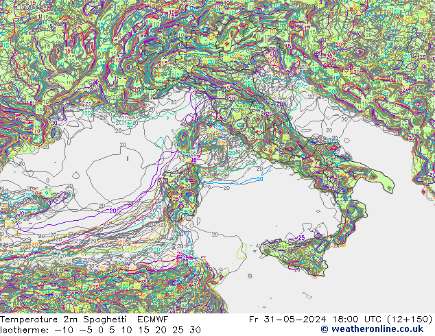Temperatuurkaart Spaghetti ECMWF vr 31.05.2024 18 UTC