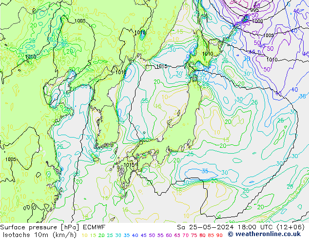 Eşrüzgar Hızları (km/sa) ECMWF Cts 25.05.2024 18 UTC