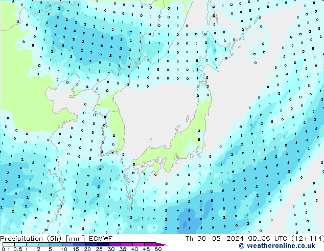 Precipitation (6h) ECMWF Th 30.05.2024 06 UTC